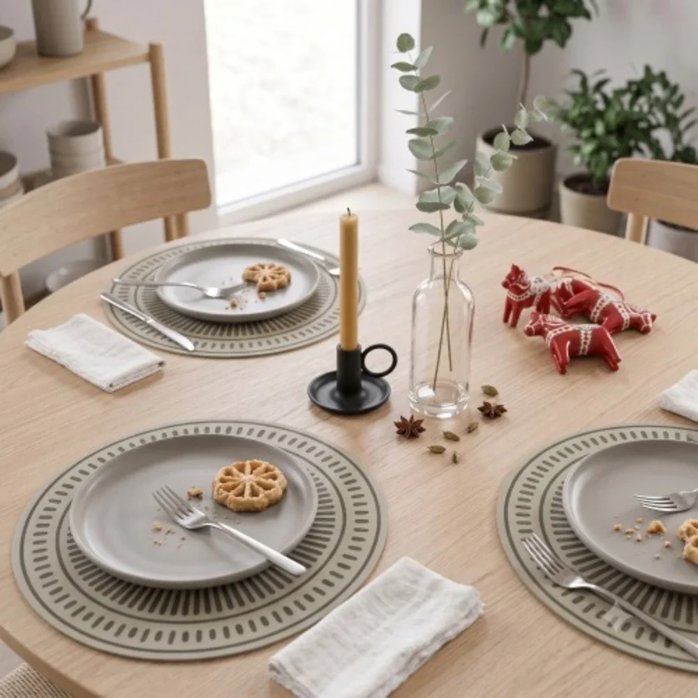 IKEA TUVIRIS Round Placemats Gray Green Geometric Pattern Set of 4